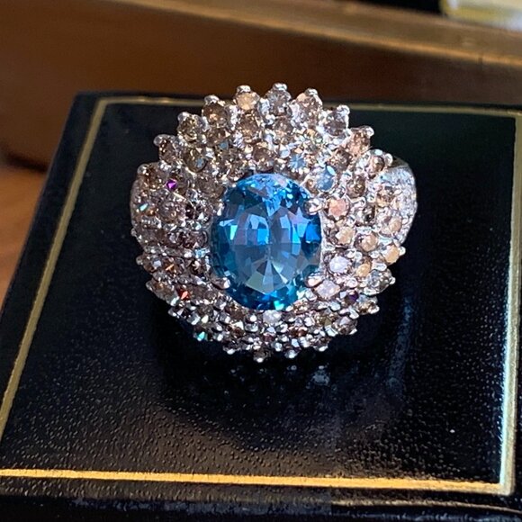 3.25 ct London Blue Topaz 2.15 ctw Diamond Huge 14K Gold Ring Sz 7 New Old Stock - Picture 1 of 9